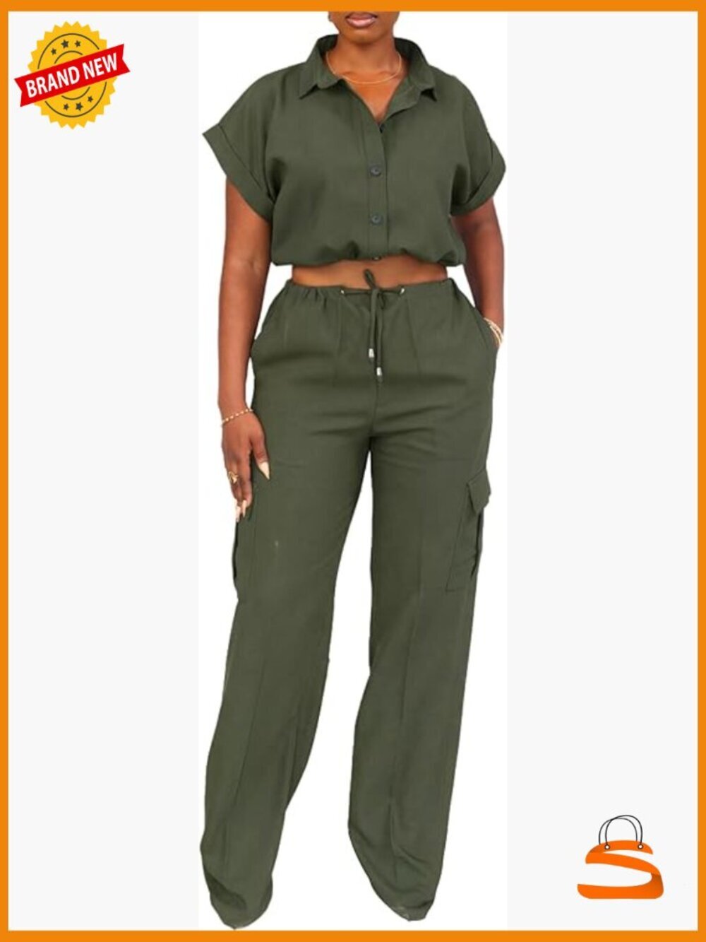 2 Piece Outfits for Women Short Sleeve Button Crop Top Wide Leg Cargo Pants Set